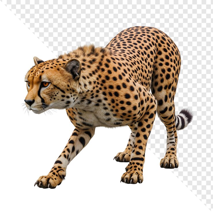 PSD cheetah em posição agachada com um fundo transparente