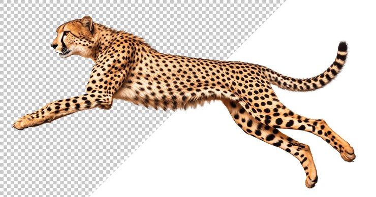 PSD cheetah en postura de salto aislado sobre un fondo blanco