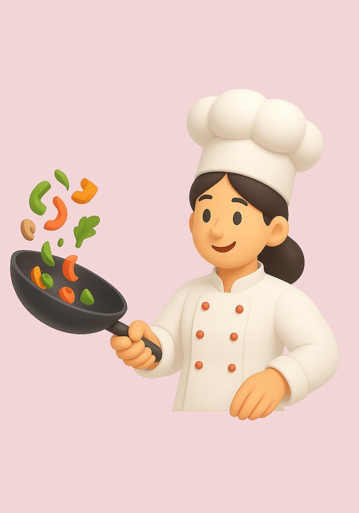 PSD chef 3d ilustración de personajes de dibujos animados cocinero fritando verduras