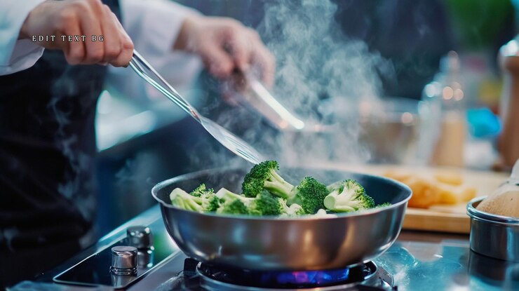 PSD el chef agita las flores de brócoli en una sartén caliente con el vapor subiendo