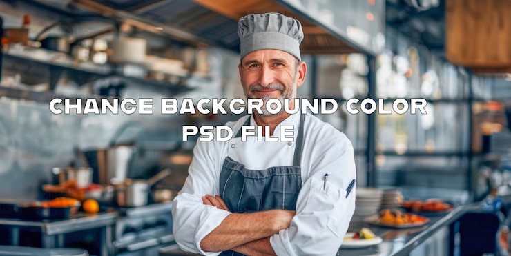PSD chef amichevole nella cucina del ristorante con le braccia incrociate