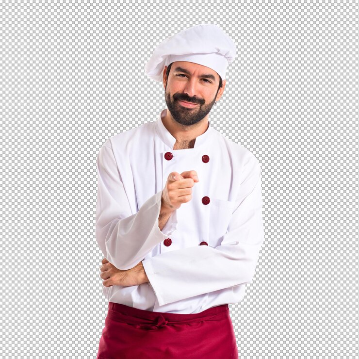 PSD chef apuntando a la parte delantera sobre fondo blanco