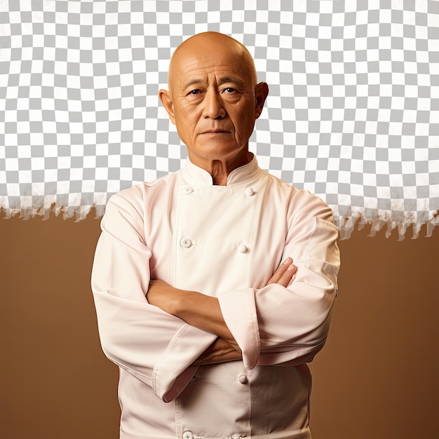 Le Chef Asiatique Furieux, La Chauve, La Silhouette De Profil Senior Sur Le Beige Pastel
