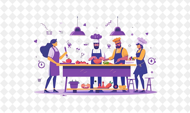PSD chef aventurero con personajes cortando verduras y gri png gente en la ilustración de trabajo diario