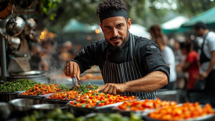 PSD un chef con barba y un pañuelo negro en la cabeza se encuentra en un bullicioso mercado de alimentos y prepara una comida con ingredientes frescos
