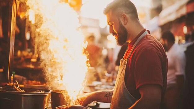 El chef barbudo cocinando comida callejera las llamas se encienden