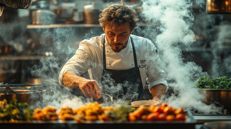 PSD un chef con una camisa blanca y un delantal negro se encuentra en una cocina profesional preparando cuidadosamente la comida mientras el vapor se agita a su alrededor