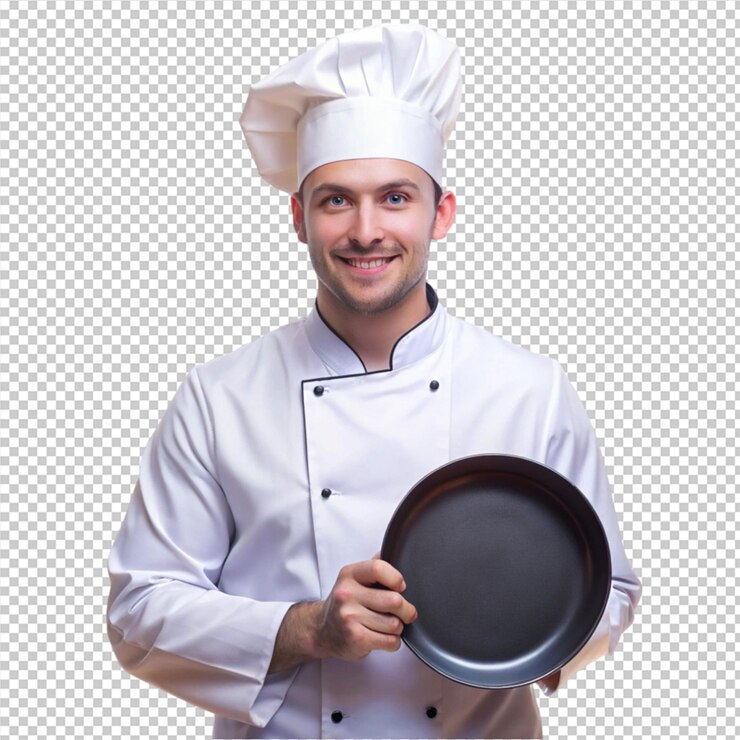 PSD el chef en una camisa blanca está sosteniendo una sartén aislada en un fondo transparente