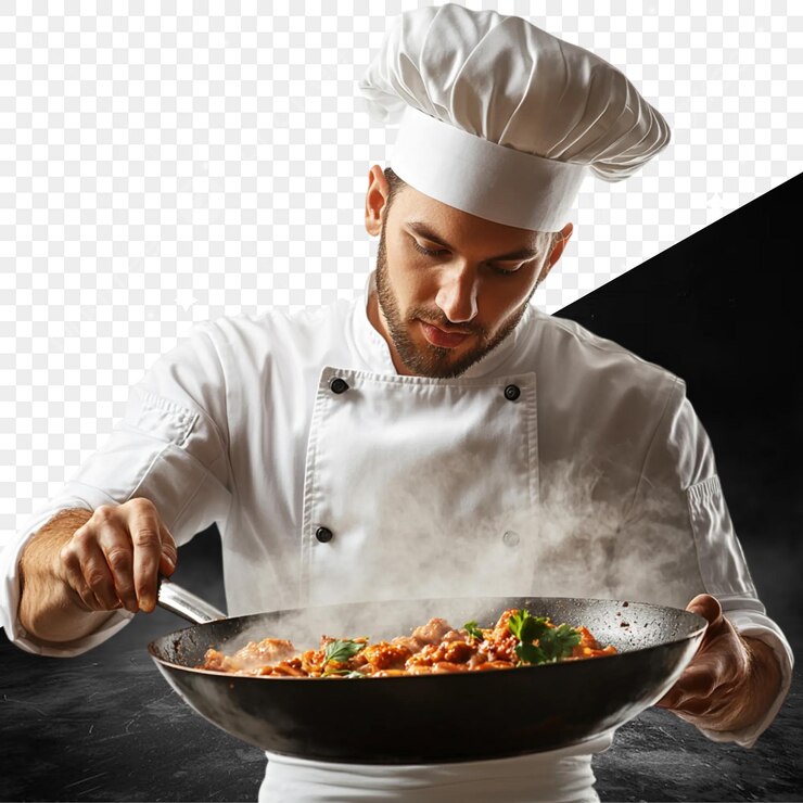PSD un chef avec une casserole de pâtes et une casserolle de pâtes