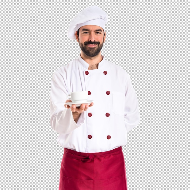 Chef de la celebración de una taza de café sobre fondo blanco
