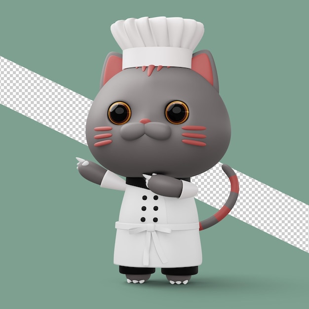 Chef de chat mignon portant l'uniforme de chef de nourriture pour animaux rendu 3d