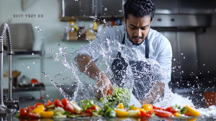 PSD chef che lava le verdure con un drammatico spruzzo d'acqua in una cucina commerciale