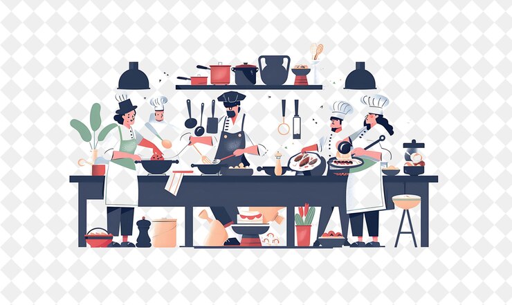 PSD chef clásico con personajes cocinando y platando platos desi png gente en el trabajo diario ilustración