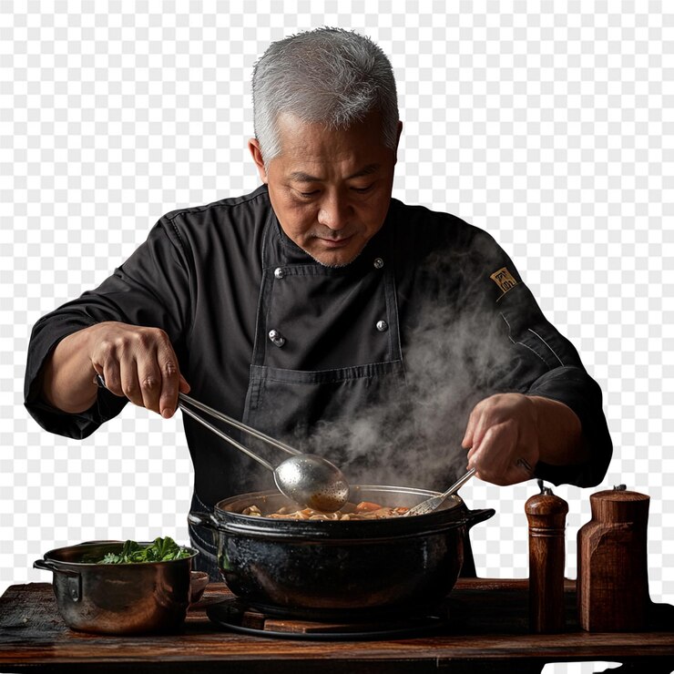 PSD un chef cocinando una comida con una sartén de comida