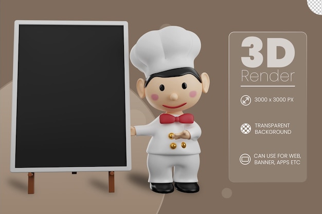 Chef com placa para ilustração 3d de menu