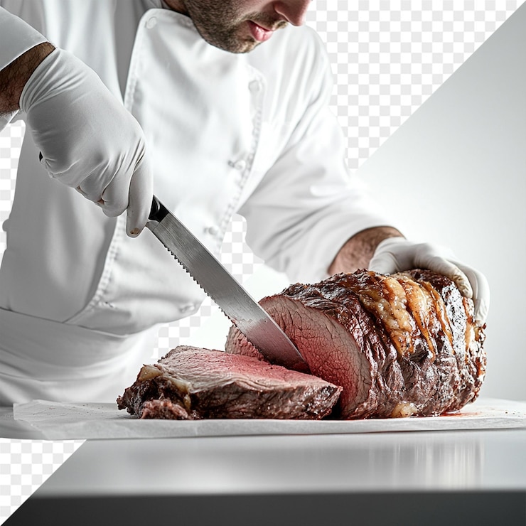 PSD un chef cortando una pieza de carne con un cuchillo