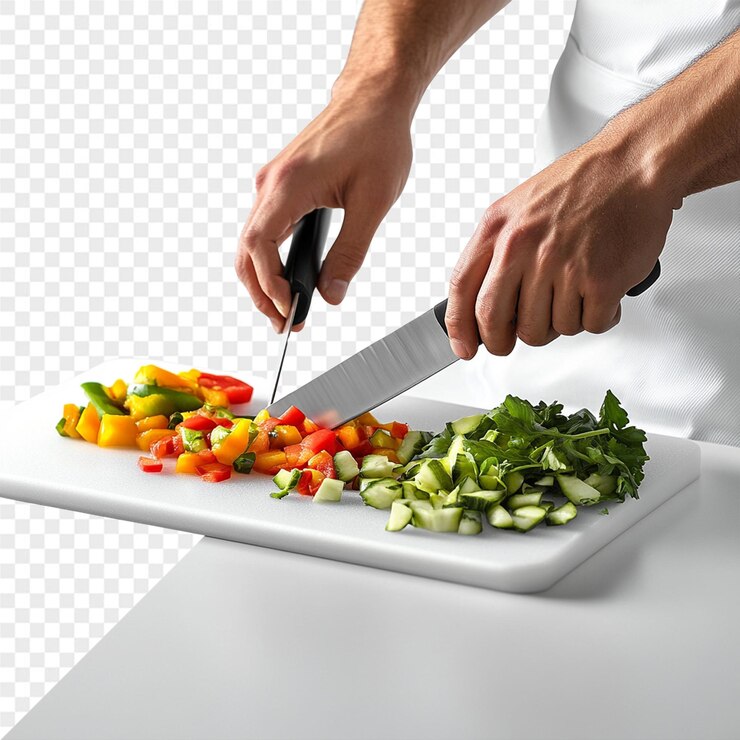 PSD un chef cortando verduras con un cuchillo en una tabla de cortar