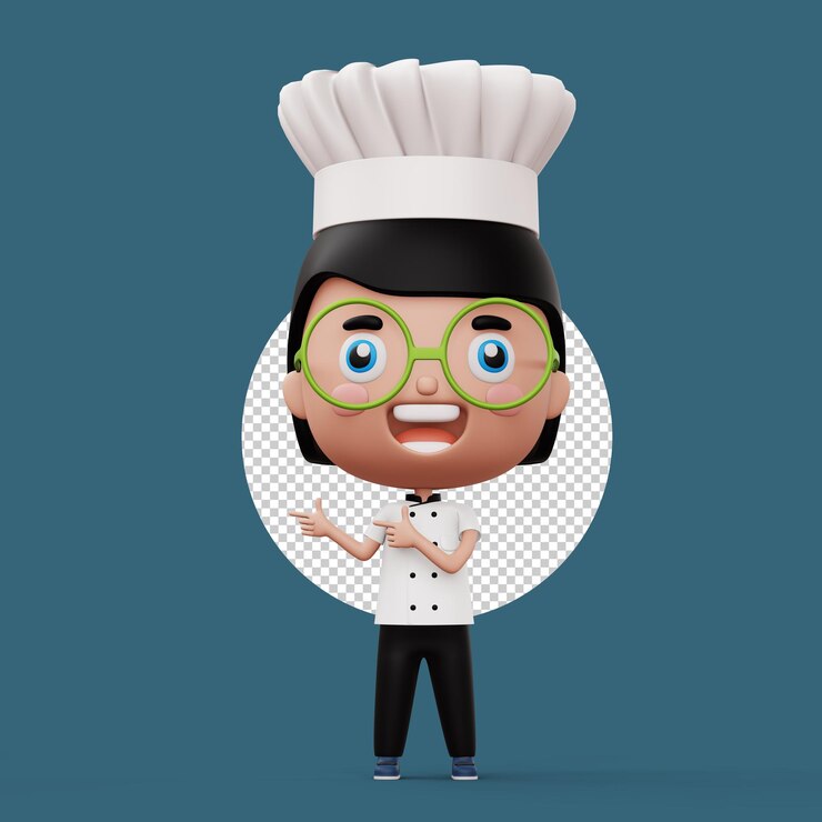 PSD chef de criança feliz vestindo uniforme de chef apontando o dedo renderização 3d