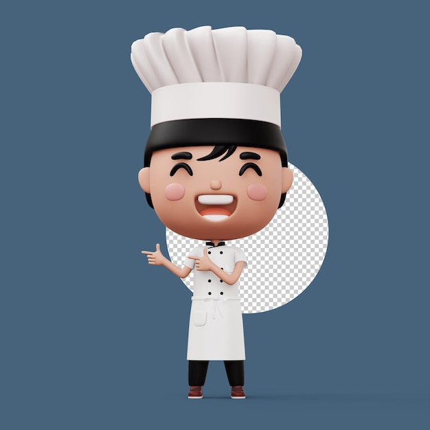 Chef de criança feliz vestindo uniforme de chef apontando o dedo renderização 3D