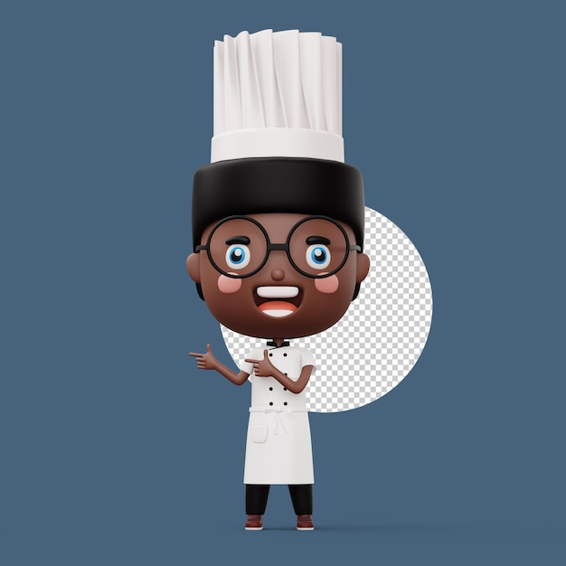 PSD chef de criança feliz vestindo uniforme de chef apontando o dedo renderização 3d