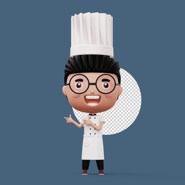 PSD chef de criança feliz vestindo uniforme de chef apontando o dedo renderização 3d