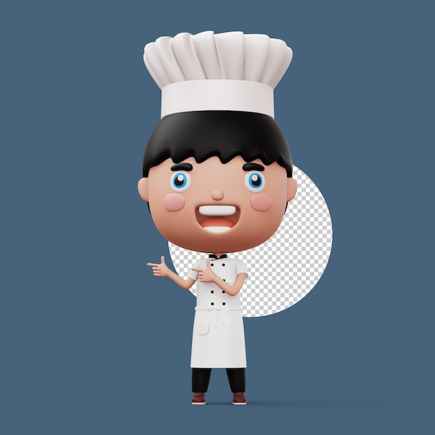 PSD chef de criança feliz vestindo uniforme de chef apontando o dedo renderização 3d