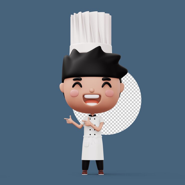 PSD chef de criança feliz vestindo uniforme de chef apontando o dedo renderização 3d