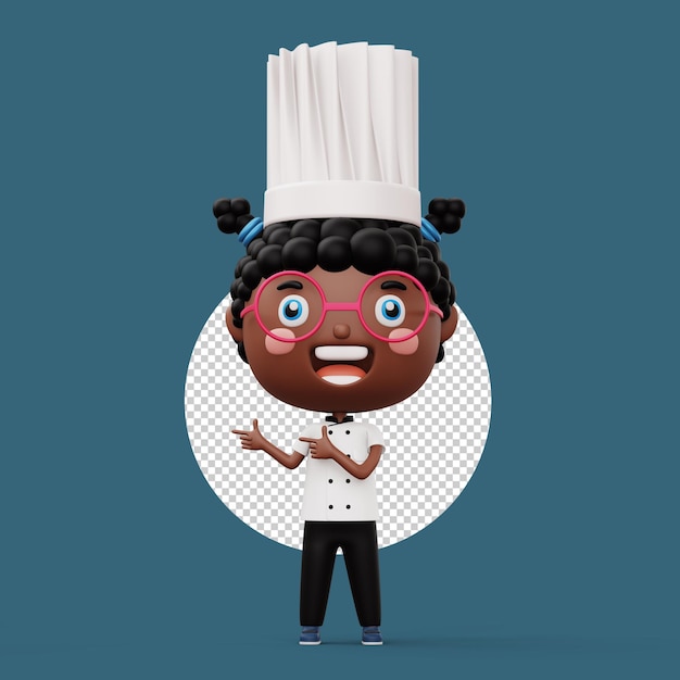 Chef de criança feliz vestindo uniforme de chef apontando o dedo renderização em 3d