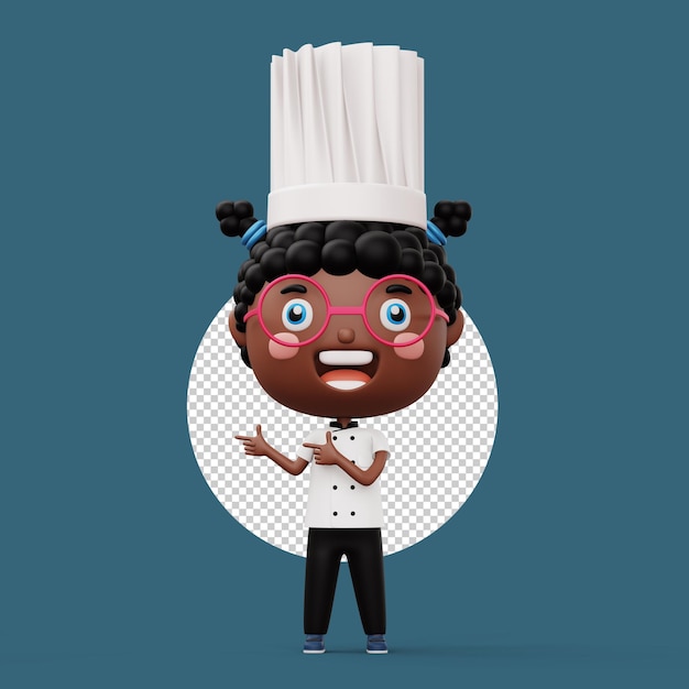 PSD chef de criança feliz vestindo uniforme de chef apontando o dedo renderização em 3d