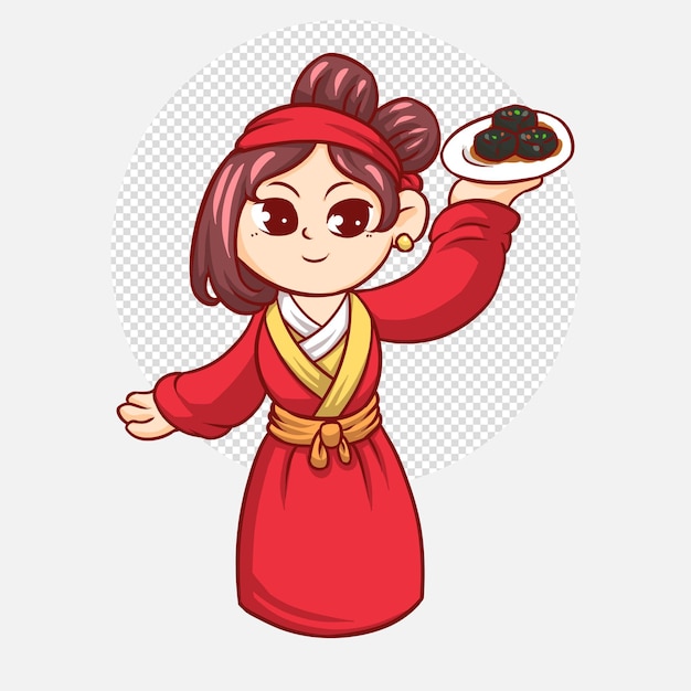 PSD chef de mulher bonita segurando logotipo de comida asiática comida saborosa em arte de desenho animado estilo asiático