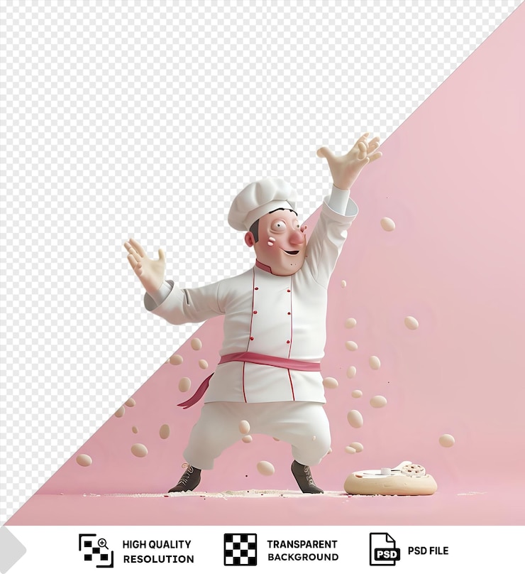 PSD chef de dibujos animados italiano en 3d lanzando masa de pizza en el aire con una sartén