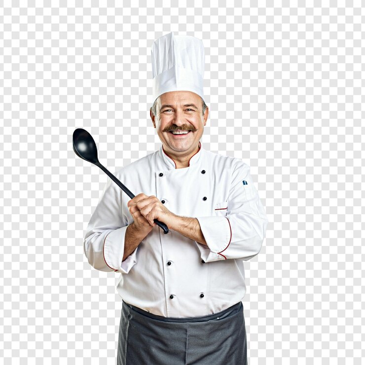 PSD un chef con una espátula y una cuchara en la mano aislado en un fondo transparente