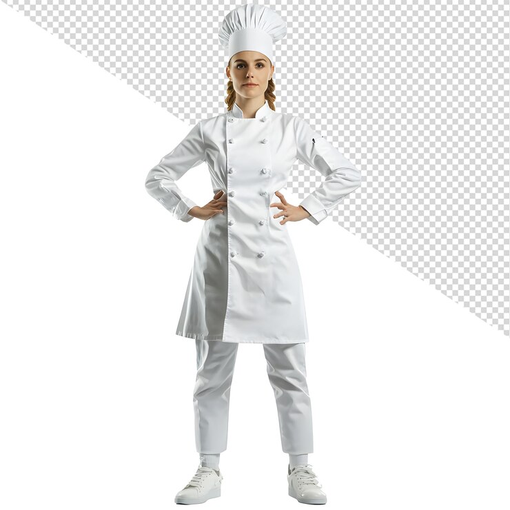 una chef femenina de pie frente a un fondo blanco con la palabra chef en él