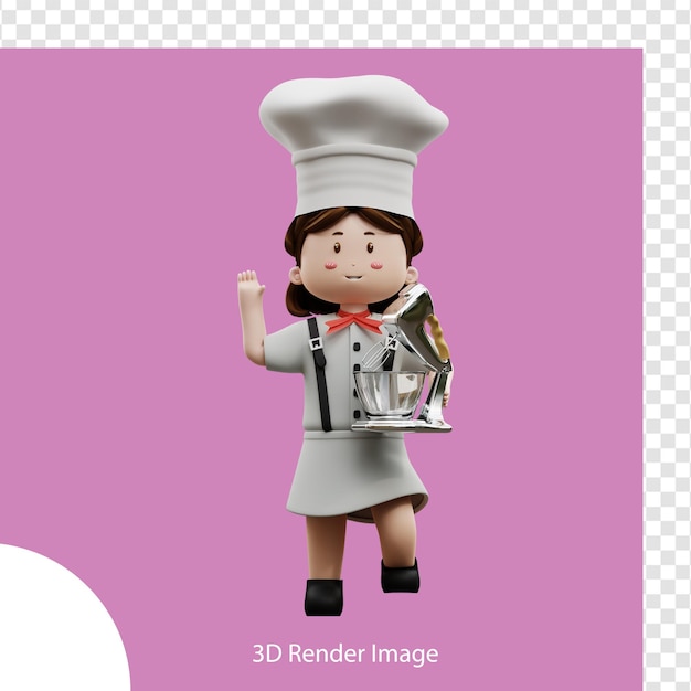 Chef femenina de renderizado 3d con batidora de huevos