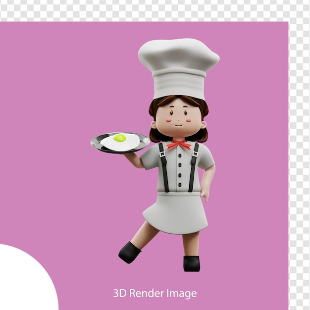 Chef femenina de renderizado 3d con huevo frito