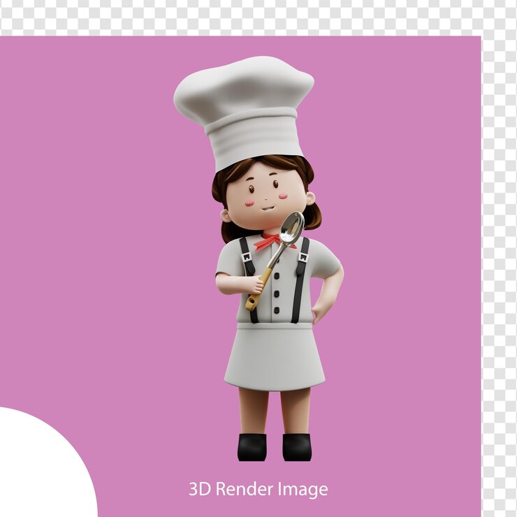 PSD chef femenina de renderizado 3d sosteniendo una cuchara
