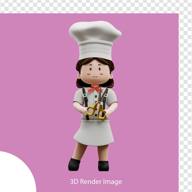 Chef femenina de renderizado 3d sosteniendo una tijera