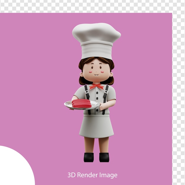 Chef feminino de renderização 3d com salsicha