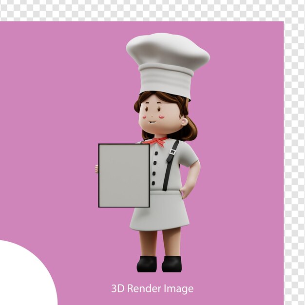 Chef feminino de renderização 3D segurando a placa em branco