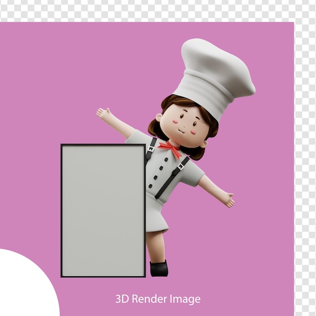 Chef feminino de renderização 3D segurando a placa em branco
