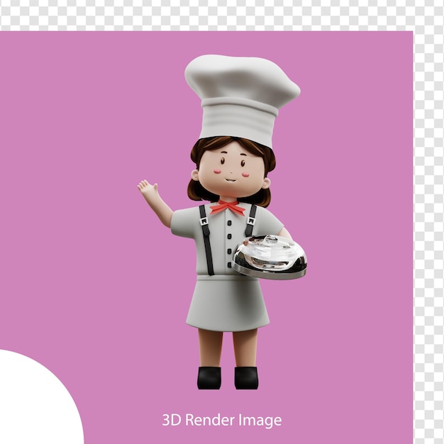 PSD chef feminino de renderização 3d segurando um recipiente de comida