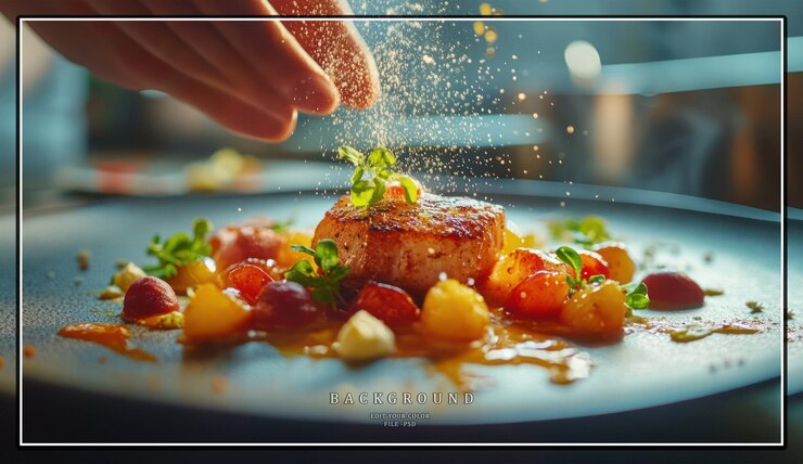 PSD le chef finit un plat plaqué avec un peu d'assaisonnement