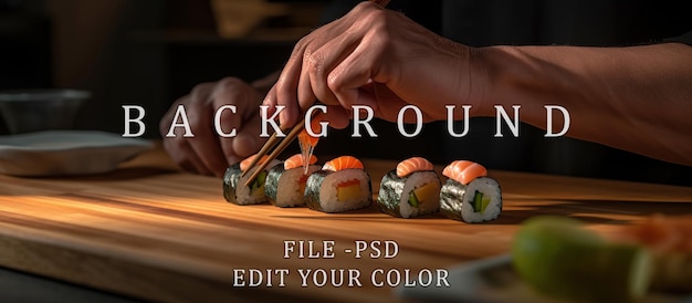 PSD le chef finit le sushi à la table de la cuisine.