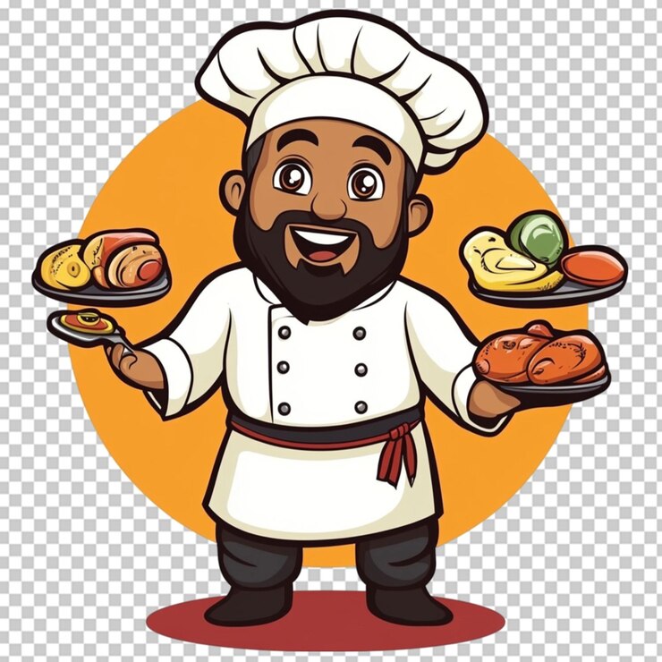 PSD chef hispânico de pele castanha com barba e goa em fundo transparente