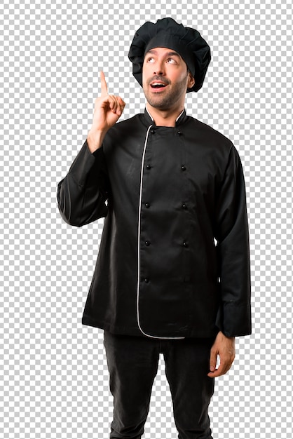Chef homme en uniforme noir debout et pensant une idée pointant le doigt vers le haut