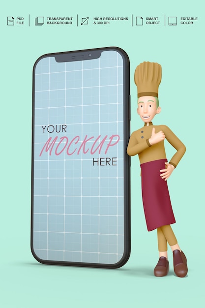 Chef in piedi accanto a un mockup di smartphone