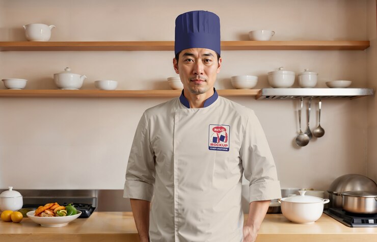 PSD chef japonés con una maqueta de uniforme