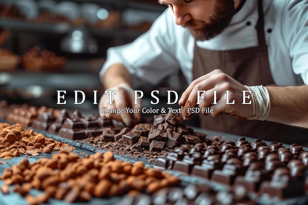 PSD chef maestro de chocolate que trabaja en un laboratorio de chocolate profesional artesanal