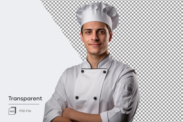 Un chef masculino con gorro de chef y chaqueta con retrato de jefe de chef de brazos cruzados