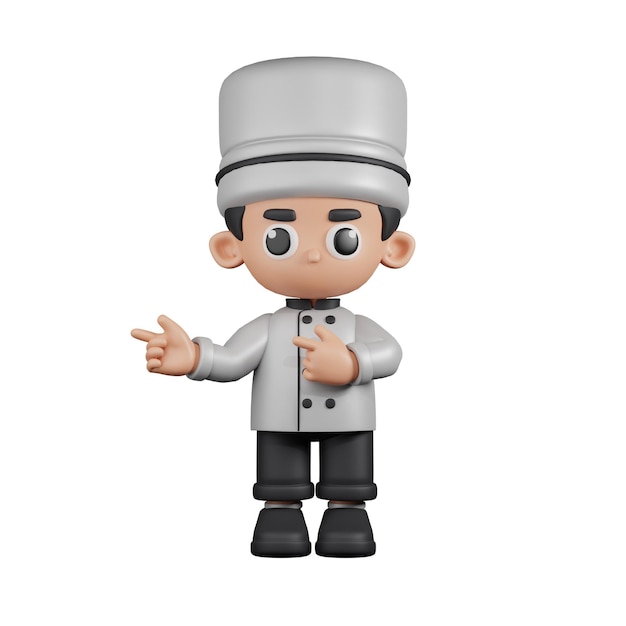 Chef de personaje 3D apuntando con el dedo en dirección Pose